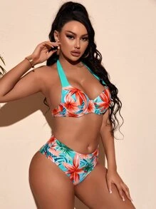 Floral Print Push Up High Waisted Bikini - Multicolor - View 3