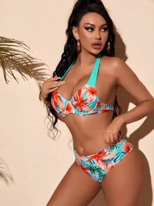 Floral Print Push Up High Waisted Bikini - Multicolor - View 4