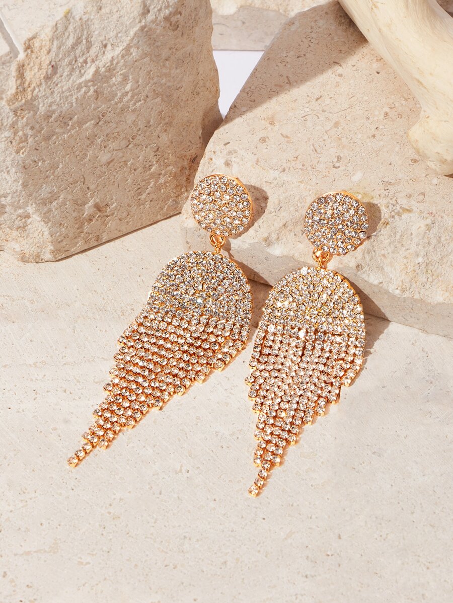 SHEIN SXY Pendientes largos con diamante de imitación con fleco - Amarillo Oro - Ver 1