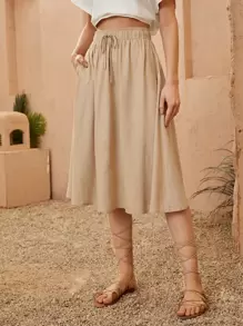 SHEIN Unity Hidden Pocket Drawstring Waist Skirt - Khaki - View 1