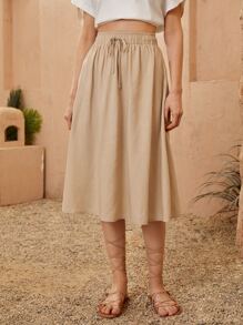 SHEIN Unity Hidden Pocket Drawstring Waist Skirt - Khaki - View 3