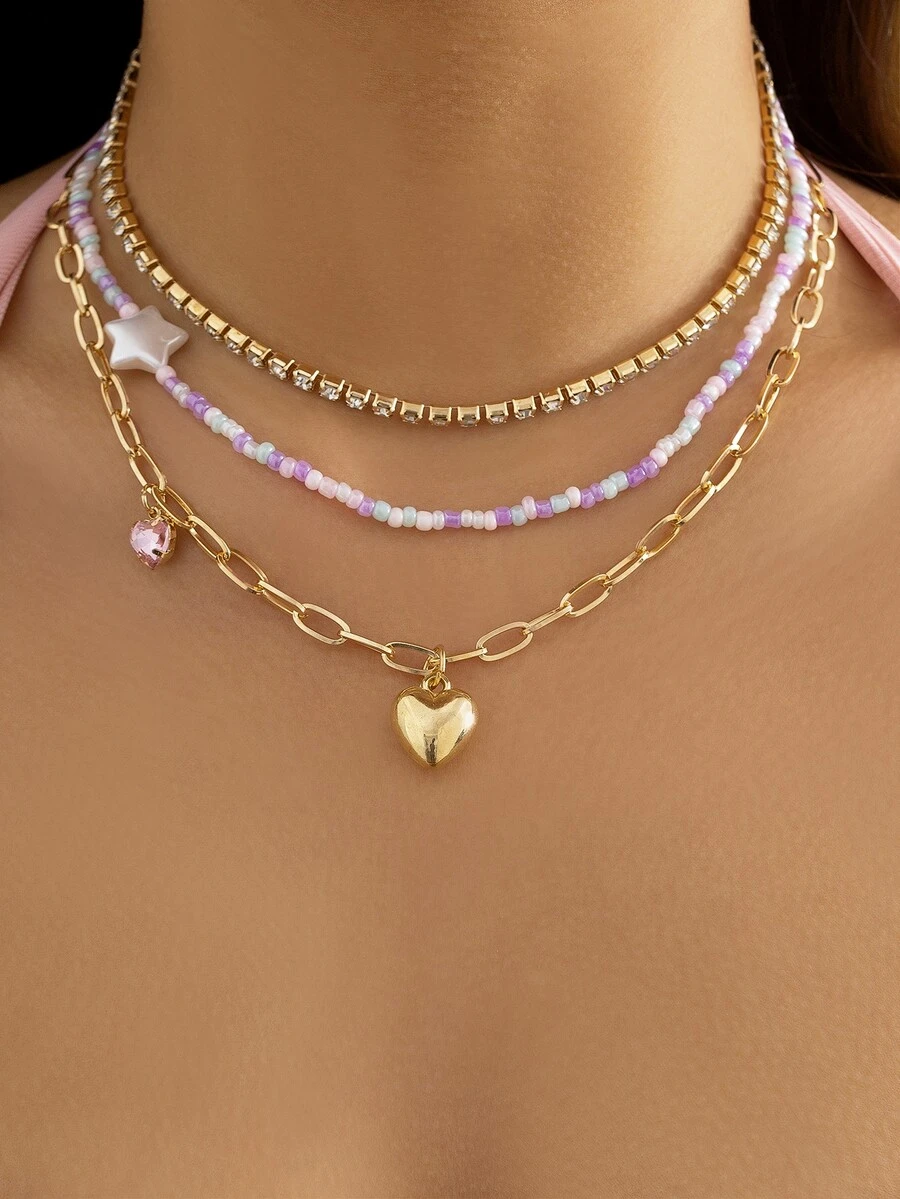 3 Dây chuyền mặt dây chuyền trái tim đính đá Rhinestone - Nhiều màu - Xem 1