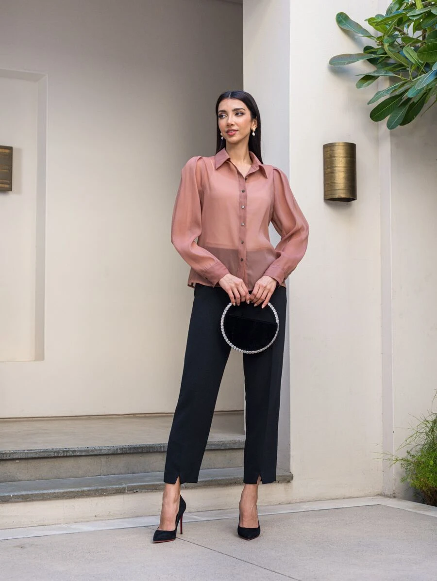 MOTF PREMIUM PUFF SLEEVE SEE-THROUGH BLOUSE - Dusty Pink - View 1