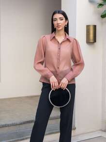 MOTF PREMIUM PUFF SLEEVE SEE-THROUGH BLOUSE - Dusty Pink - View 4