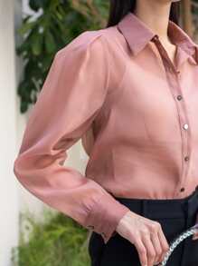 MOTF PREMIUM PUFF SLEEVE SEE-THROUGH BLOUSE - Dusty Pink - View 10