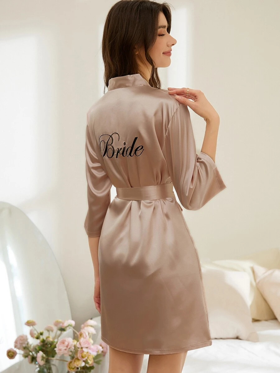 Letter Embroidery Belted Satin Bride Robe - Champagne - View 1