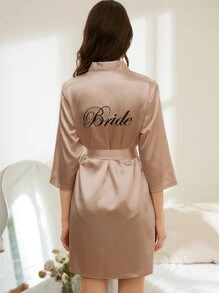 Letter Embroidery Belted Satin Bride Robe - Champagne - View 2