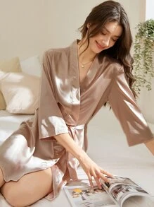 Letter Embroidery Belted Satin Bride Robe - Champagne - View 3