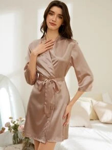 Letter Embroidery Belted Satin Bride Robe - Champagne - View 5