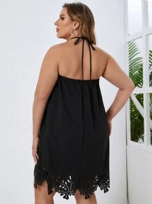Plus Laser Cut Out Tie Backless Halter Dress - Black - View 2