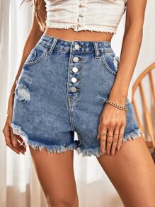 SHEIN 破洞毛邊牛仔短褲 - 淺色水洗藍 - 查看 4