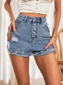 SHEIN 破洞毛邊牛仔短褲 - 淺色水洗藍 - 查看 7