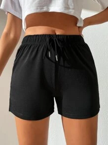 SHEIN Tall Quần đùi nữ Dây kéo màu trơn Giải trí - màu đen - Xem 1