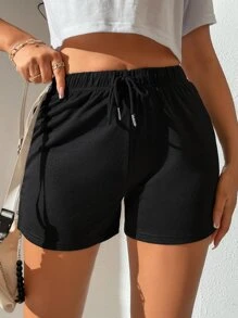 SHEIN Tall Quần đùi nữ Dây kéo màu trơn Giải trí - màu đen - Xem 5