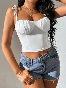 SHEIN Tall 肩上打結緊身上衣吊帶短上衣 - 白色 - 查看 5