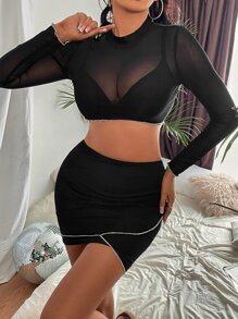 SHEIN SXY 木耳邊網紗上衣和包臀半身裙 - 黑色 - 查看 1