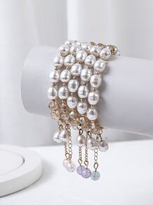 5pcs Random Color Faux Pearl Charm Beaded Bracelet - Multicolor - View 2