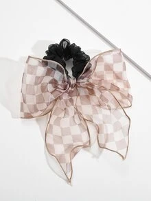 Checkered Pattern Scarf Hair Tie - Pink - View 2