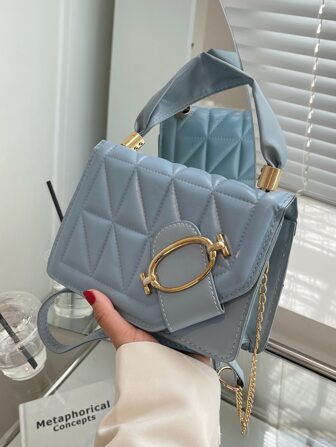 防水、輕盈、商務休閒迷你絎縫帶扣裝飾翻蓋方形包適合青少年女孩女大學生、菜鳥和白領，非常適合辦公室、大學、工作、商務、通勤