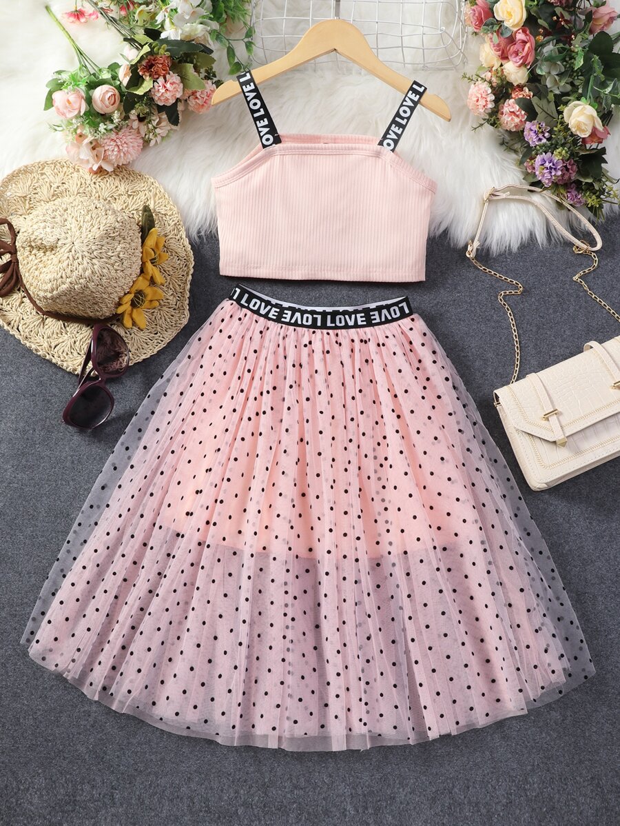 Girls Letter Tape Cami Top With Mesh Skirt - Baby Pink - View 1