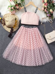 Girls Letter Tape Cami Top With Mesh Skirt - Baby Pink - View 2