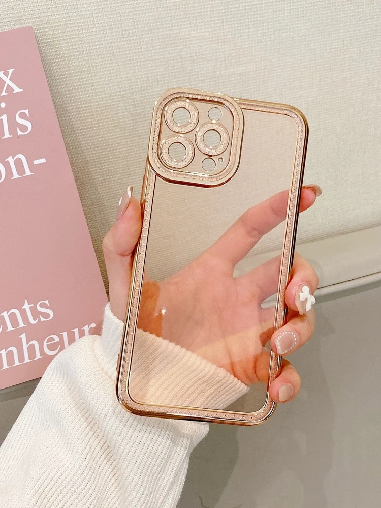 Rhinestone Decor Contrast Frame Clear Phone Case