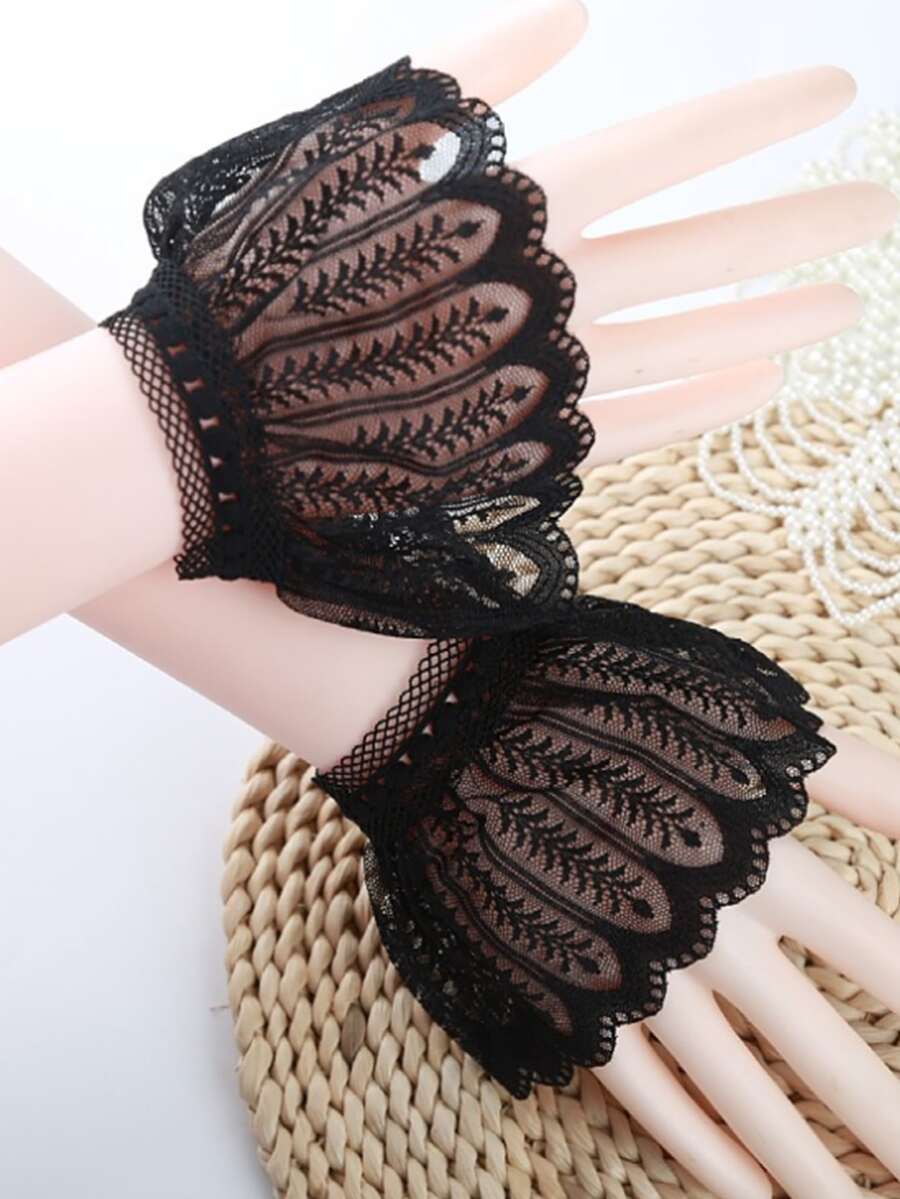 Lace Scallop Trim Sleeves False Cuff - Black - View 1