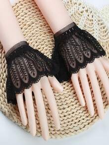 Lace Scallop Trim Sleeves False Cuff - Black - View 2