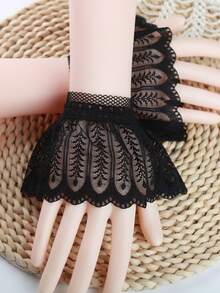 Lace Scallop Trim Sleeves False Cuff - Black - View 3