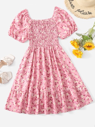 Plus Floral Print Shirred Puff Sleeve Ruffle Hem Summer Boho Dress