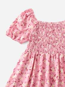Flirla 大碼印花打褶泡泡袖荷葉邊連衣裙 - 粉色 - 查看 4