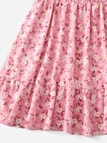 Flirla 大碼印花打褶泡泡袖荷葉邊連衣裙 - 粉色 - 查看 5