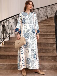 Al Najma Geometrischer Muster Ausgeschnittener Ausschnitt Kontrast Manschette Kaftan, bescheidenes Langarm Arabisches Kleid