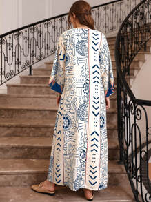 Al Najma Geometrischer Muster Ausgeschnittener Ausschnitt Kontrast Manschette Kaftan, bescheidenes Langarm Arabisches Kleid