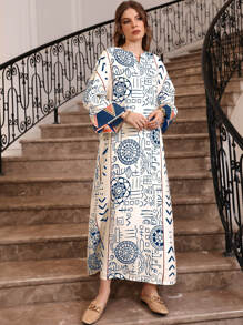 Al Najma Geometrischer Muster Ausgeschnittener Ausschnitt Kontrast Manschette Kaftan, bescheidenes Langarm Arabisches Kleid