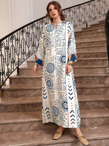 Al Najma Geometrischer Muster Ausgeschnittener Ausschnitt Kontrast Manschette Kaftan, bescheidenes Langarm Arabisches Kleid
