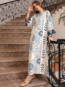 Al Najma Geometrischer Muster Ausgeschnittener Ausschnitt Kontrast Manschette Kaftan, bescheidenes Langarm Arabisches Kleid