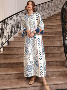 Al Najma Geometrischer Muster Ausgeschnittener Ausschnitt Kontrast Manschette Kaftan, bescheidenes Langarm Arabisches Kleid