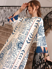 Al Najma Geometrischer Muster Ausgeschnittener Ausschnitt Kontrast Manschette Kaftan, bescheidenes Langarm Arabisches Kleid