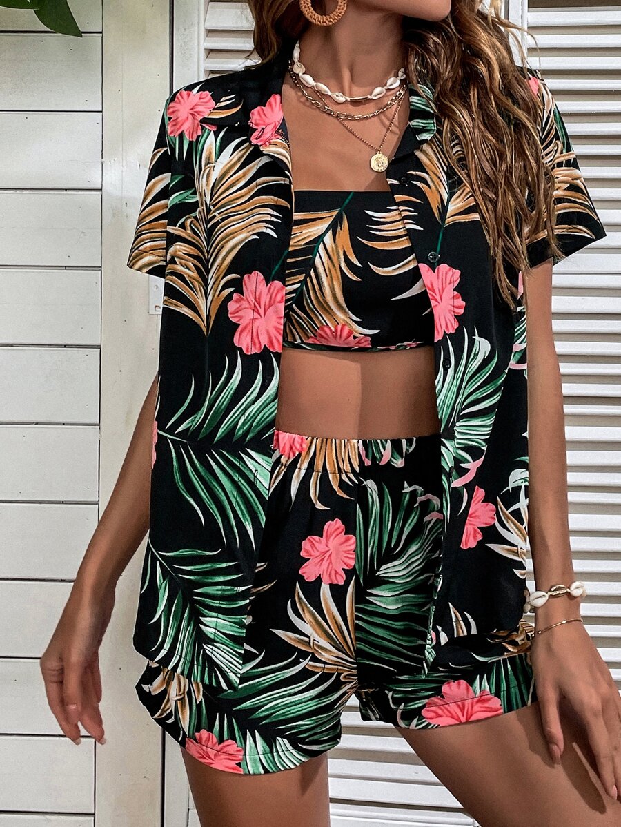 SHEIN VCAY 熱帶圖案襯衫和抹胸上衣和短褲