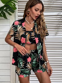 SHEIN VCAY 熱帶圖案襯衫和抹胸上衣和短褲