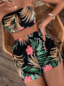 SHEIN VCAY 熱帶圖案襯衫和抹胸上衣和短褲