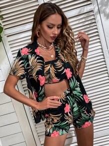 SHEIN VCAY 熱帶圖案襯衫和抹胸上衣和短褲