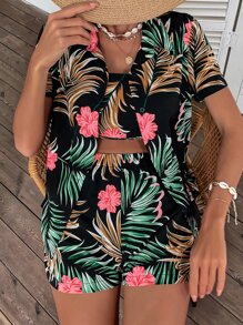 SHEIN VCAY 熱帶圖案襯衫和抹胸上衣和短褲