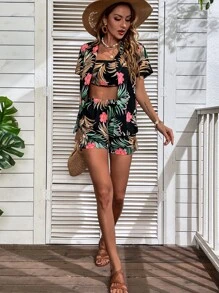 SHEIN VCAY 熱帶圖案襯衫和抹胸上衣和短褲