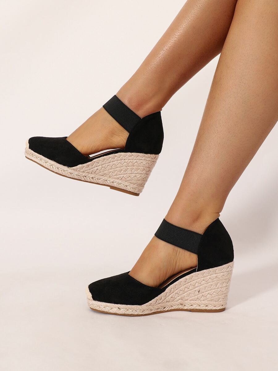 Women Black Espadrille Ankle Strap Wedge Shoes, Round Toe Court Wedges For Vacation - Black - View 1