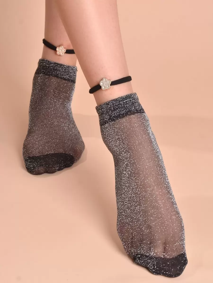 1 Pair Women's Fashionable Glitter Sheer Ankle Socks - Black - View 1