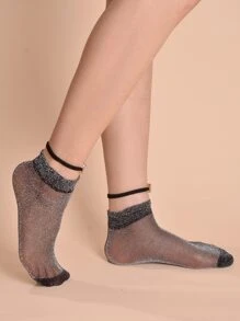 1 Pair Women's Fashionable Glitter Sheer Ankle Socks - Black - View 3