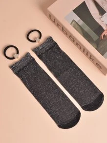 1 Pair Women's Fashionable Glitter Sheer Ankle Socks - Black - View 4