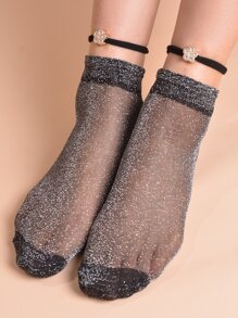 1 Pair Women's Fashionable Glitter Sheer Ankle Socks - Black - View 5